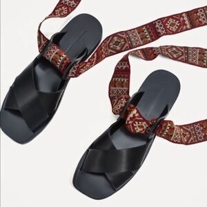 Zara BOHO Aztec ribbon wrap leather sandals